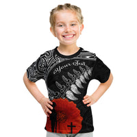 (Custom Personalised) New Zealand Anzac 2022 T Shirt KID Maori Mix Fern Poppy LT13 Youth XL Size14 - Polynesian Pride