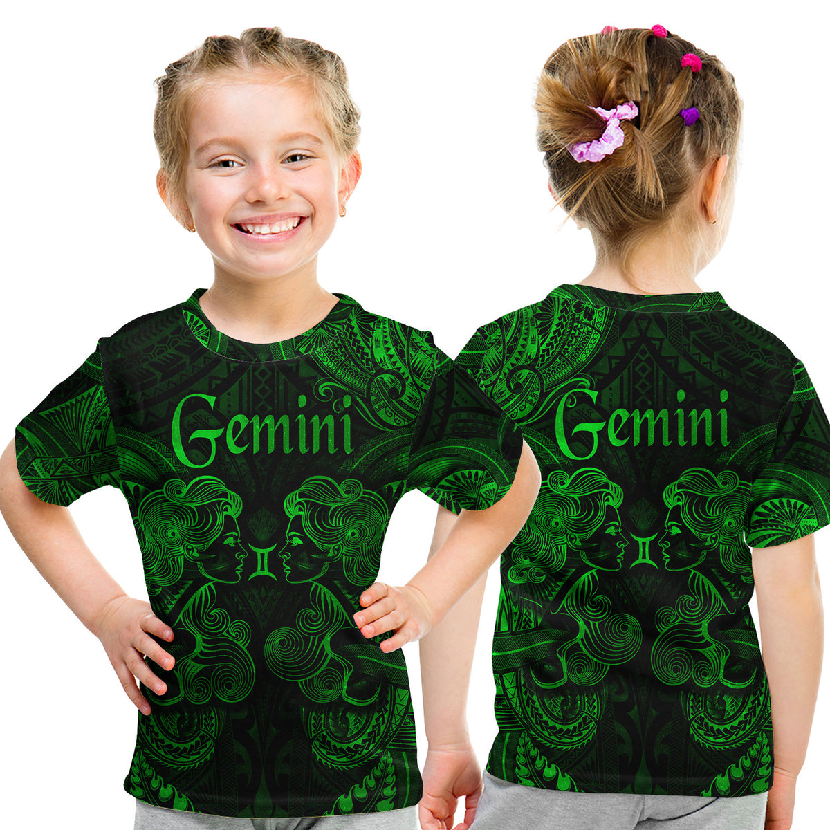Gemini Zodiac Polynesian T Shirt Kid Unique Style - Green LT8 - Polynesian Pride