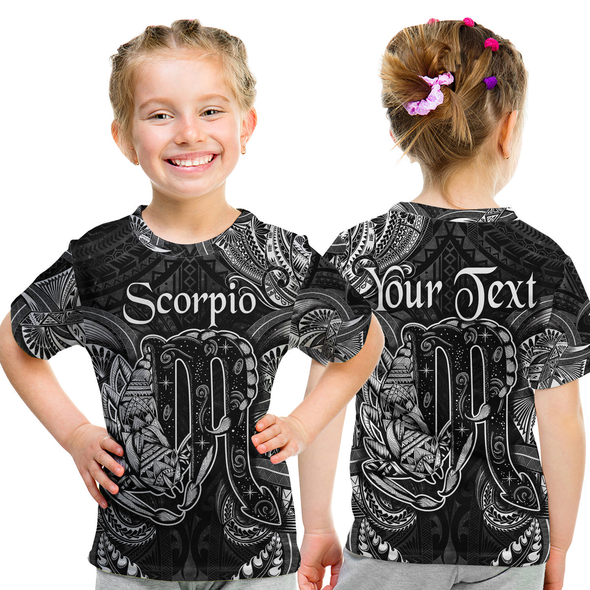 (Custom Personalised) Scorpio Zodiac Polynesian T Shirt Kid Unique Style - Black LT8 - Polynesian Pride