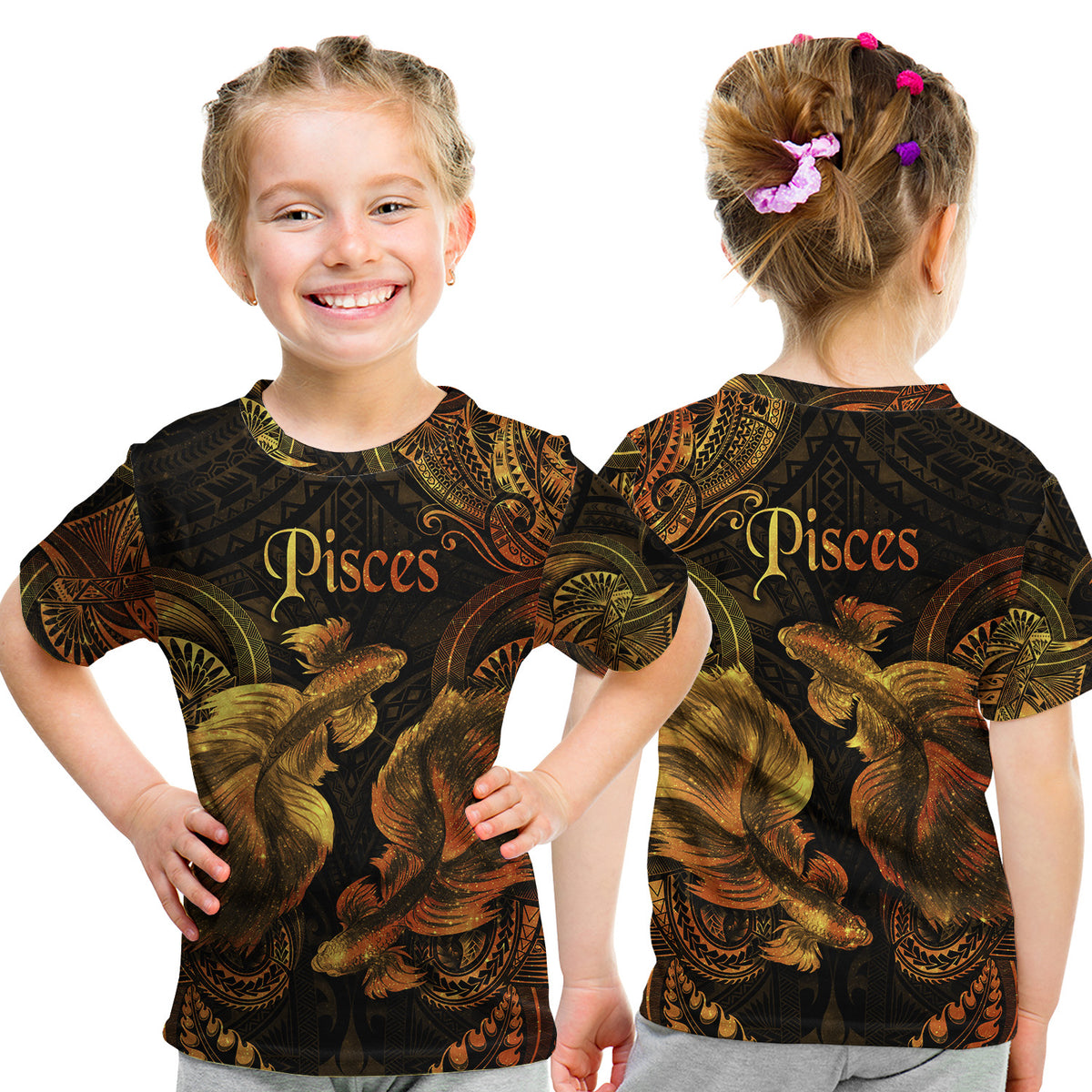 Pisces Zodiac Polynesian T Shirt Kid Unique Style - Gold LT8 - Polynesian Pride