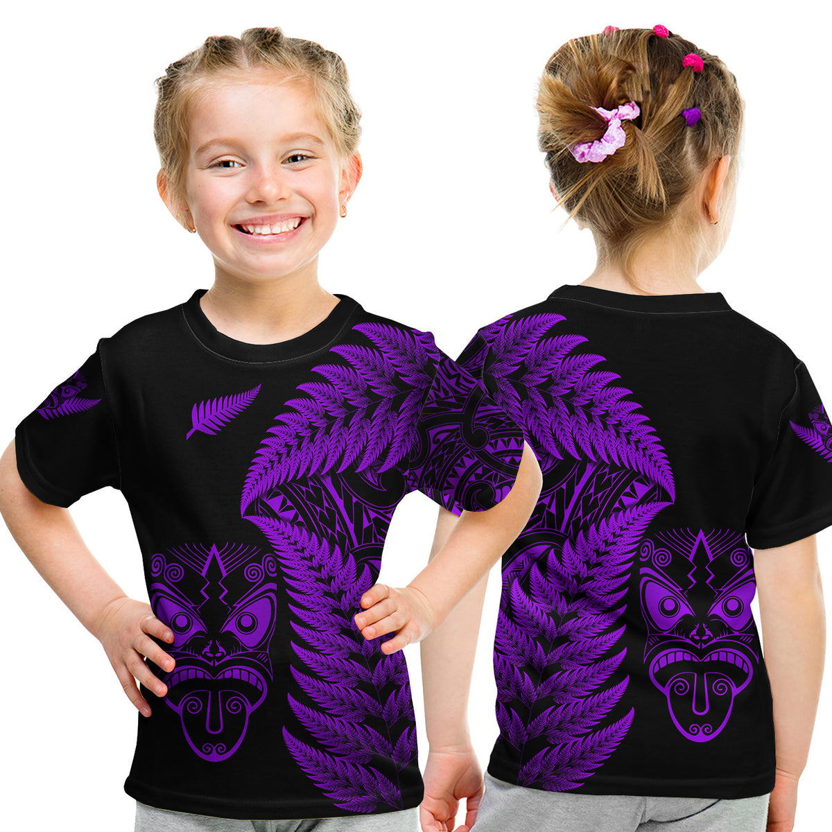 New Zealand Haka Rugby Maori T Shirt Kid Silver Fern Vibes - Purple LT8 Youth XL Size14 - Polynesian Pride