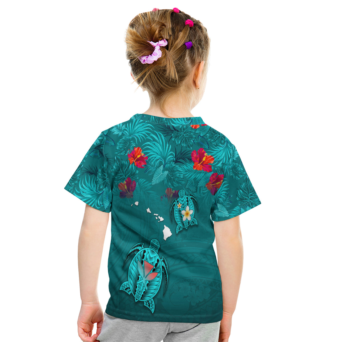 (Custom Personalised) Hawaiian Islands T Shirt Kid - Hawaii Tropical Flowers And Turtles Turquoise LT13 - Polynesian Pride