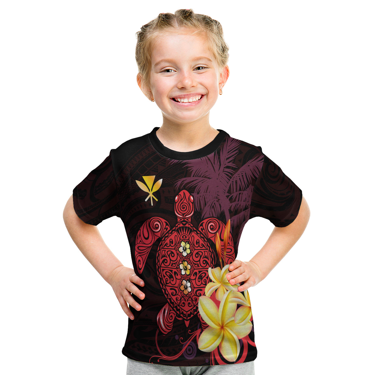 Hawaii Turtle T Shirt Kid Hawaiian Flowers Version Red Elegant LT13 - Polynesian Pride