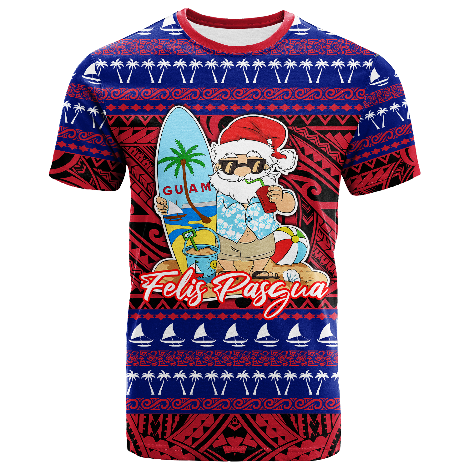 Guam Christmas Felis Pasgua Santas Guam Surf Board T Shirt LT2 RED - Polynesian Pride