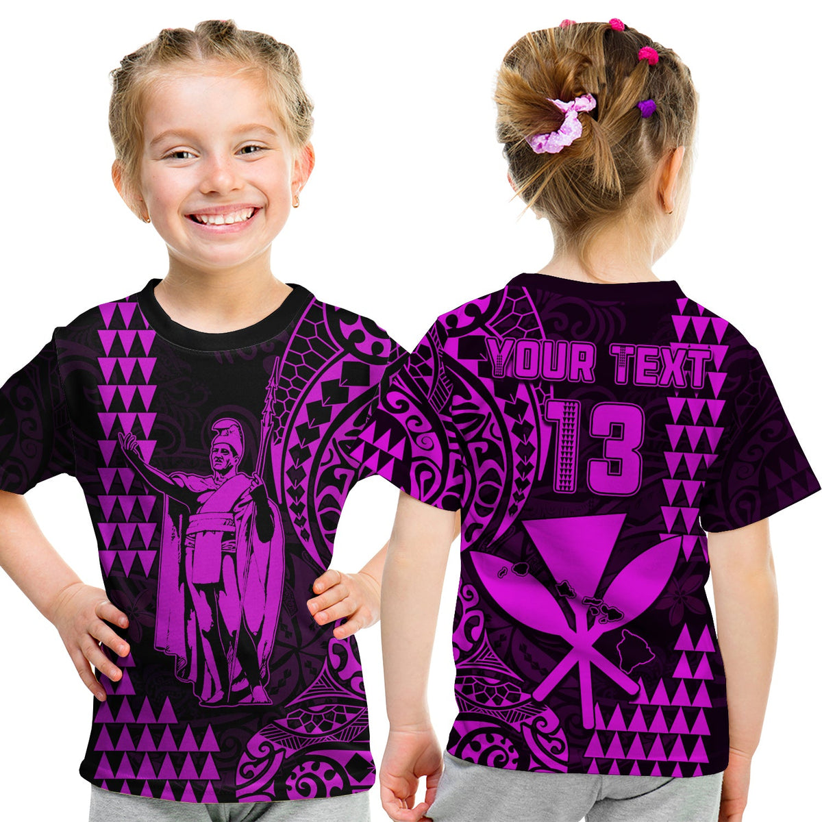 (Custom Text and Number) Hawaii Day Kakau T Shirt KID Proud To Be Hawaiian Purple King Kamehameha and Kanaka Maoli LT13 Youth XL Size14 - Polynesian Pride
