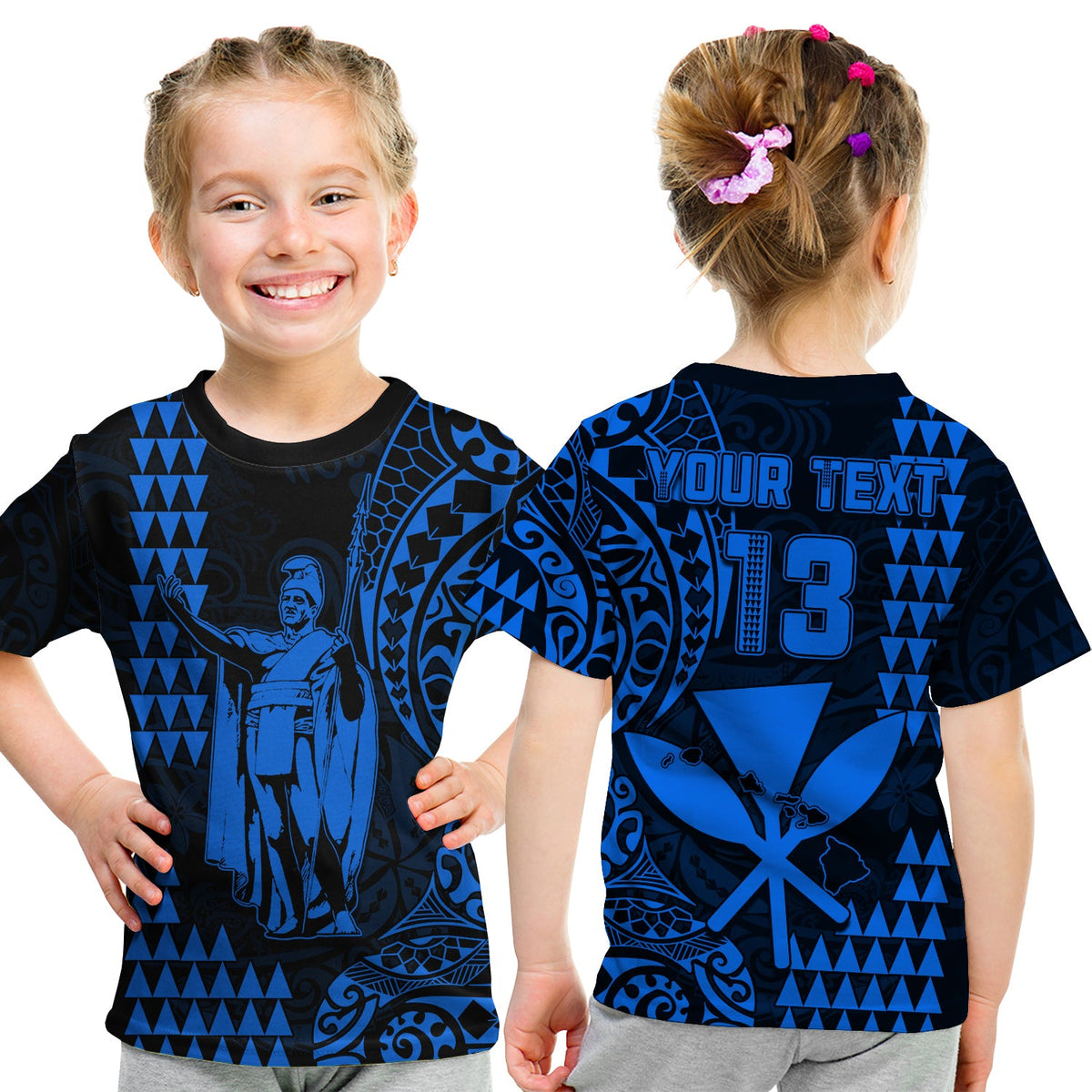 (Custom Text and Number) Hawaii Day Kakau T Shirt KID Proud To Be Hawaiian Blue King Kamehameha and Kanaka Maoli LT13 Youth XL Size14 - Polynesian Pride