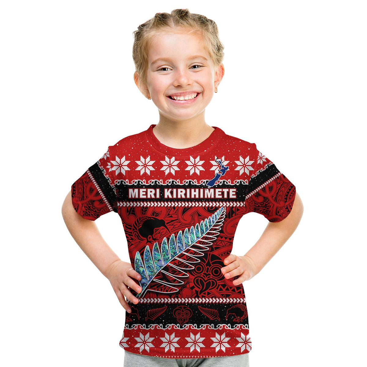 New Zealand Christmas T Shirt KID Paua Shell Silver Fern Meri Kirihimete LT14 Youth XL Size14 - Polynesian Pride