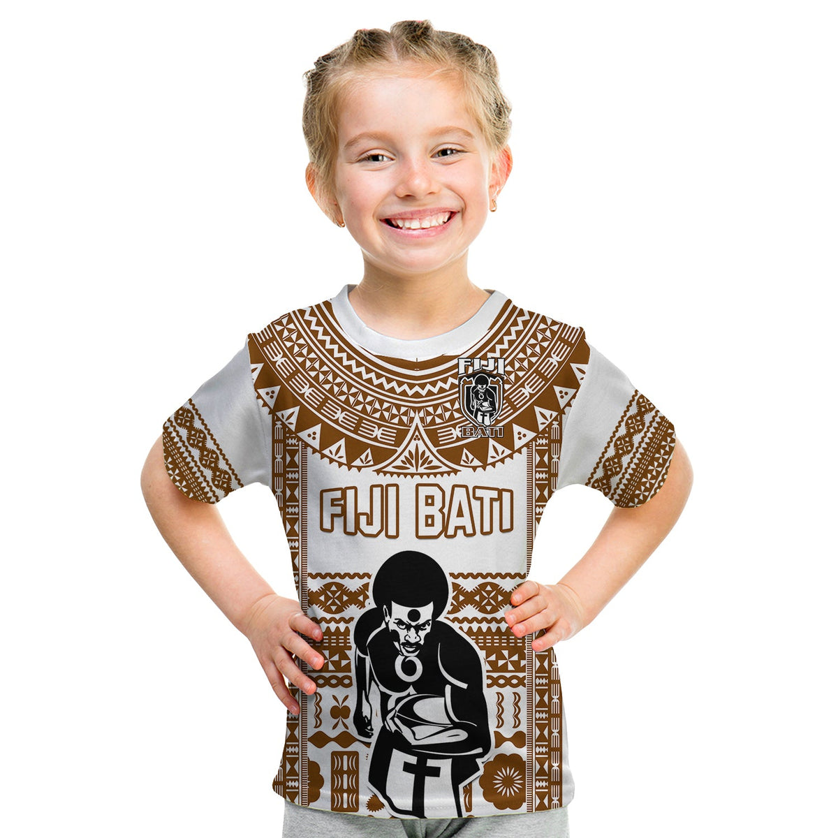 Custom Text and Number Fiji Rugby T Shirt Pacific The Bati Brown Fijian Tapa LT14 - Polynesian Pride
