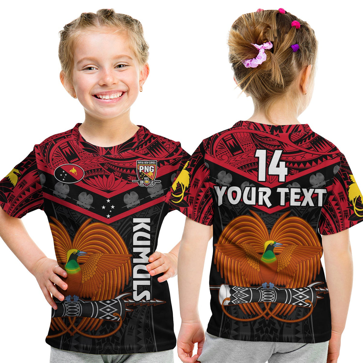 (Custom Text And Number) Papua New Guinea Rugby T Shirt KID PNG Kumuls Bird Of Paradise Black LT14 Youth XL Size14 - Polynesian Pride