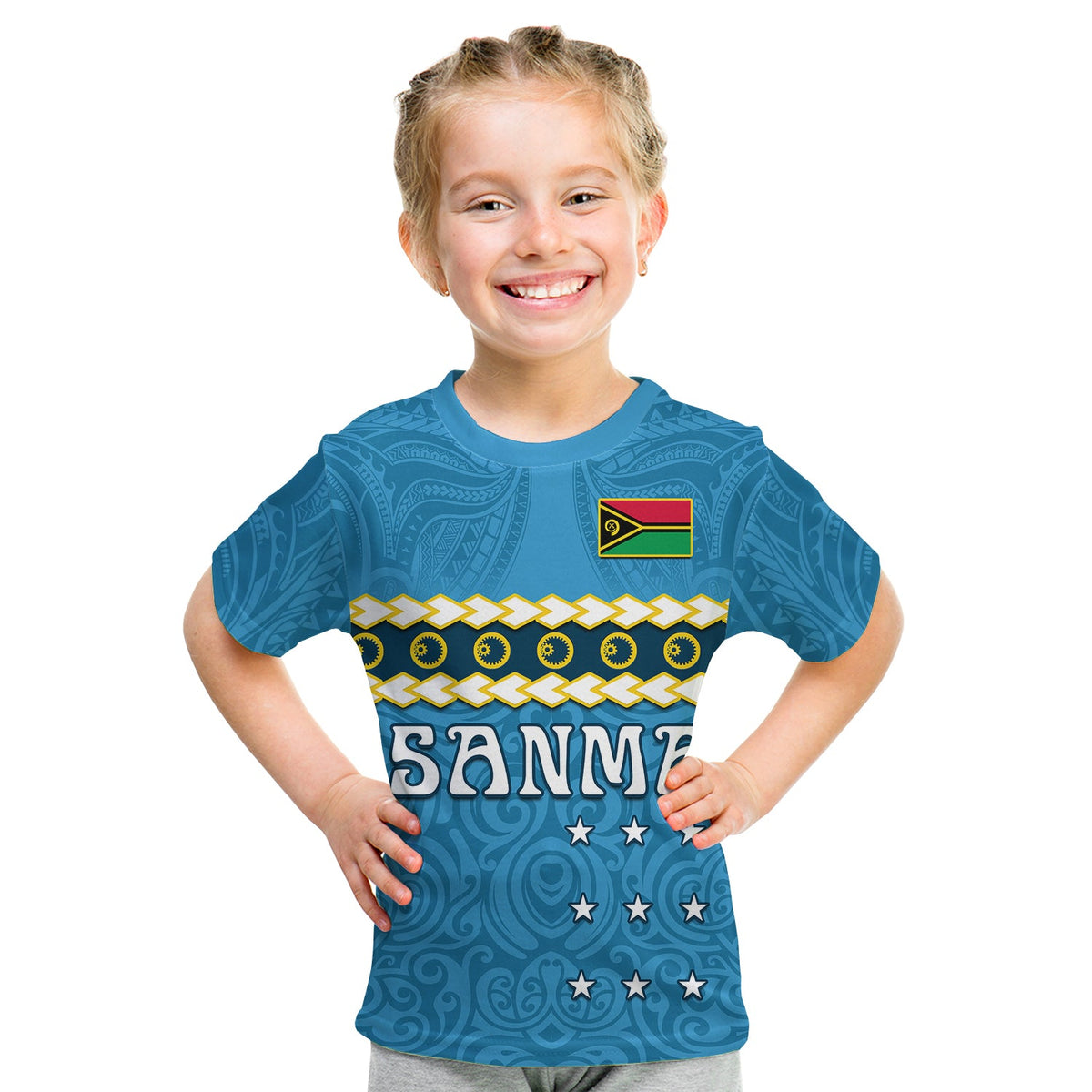 Custom Sanma Province T Shirt Vanuatuan Pig Tusk Polynesian Flag Style LT14 Kid Blue - Polynesian Pride