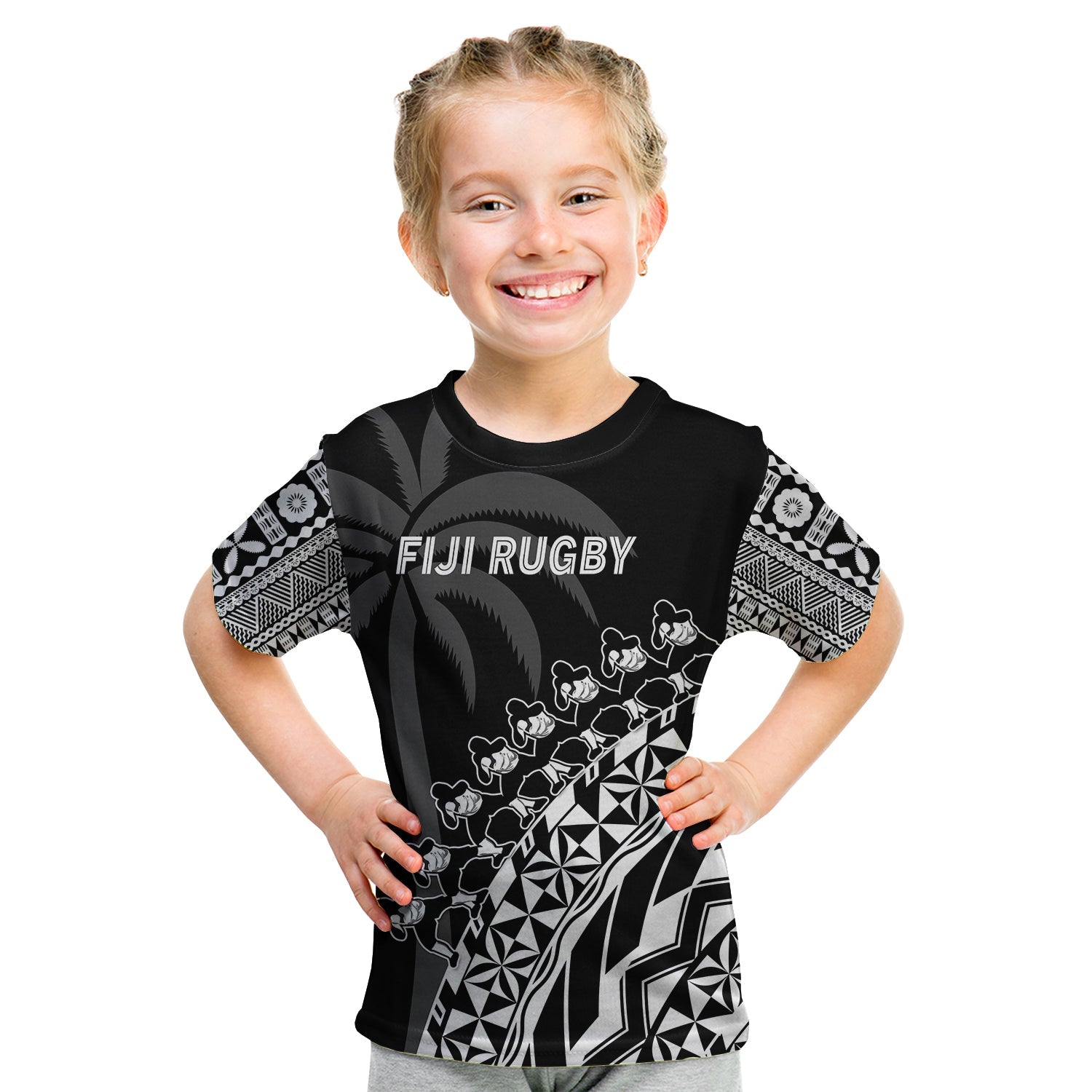 Fiji Rugby T Shirt KID Fijian Cibi Dance Tapa Pattern Black LT14 - Polynesian Pride