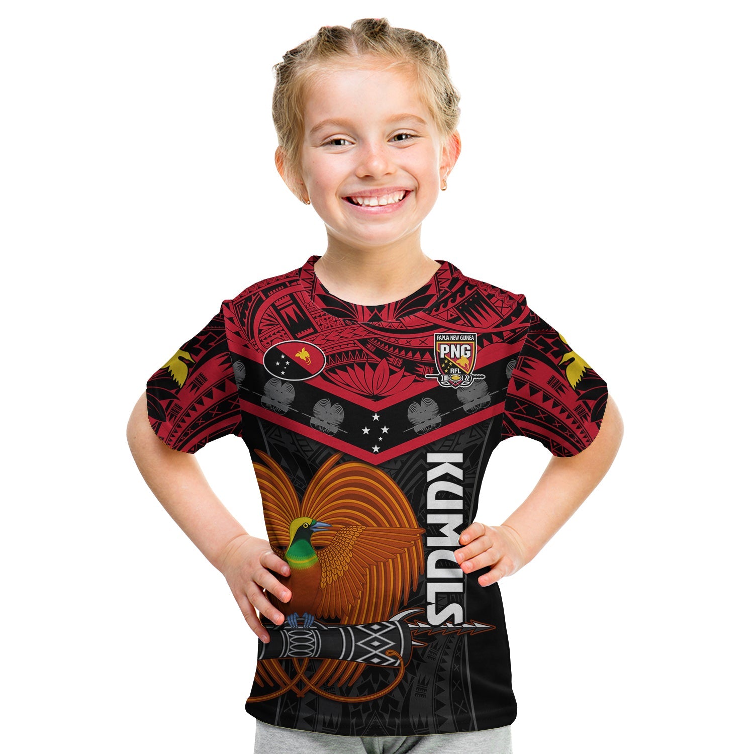 Papua New Guinea Rugby T Shirt KID PNG Kumuls Bird Of Paradise Black LT14 - Polynesian Pride