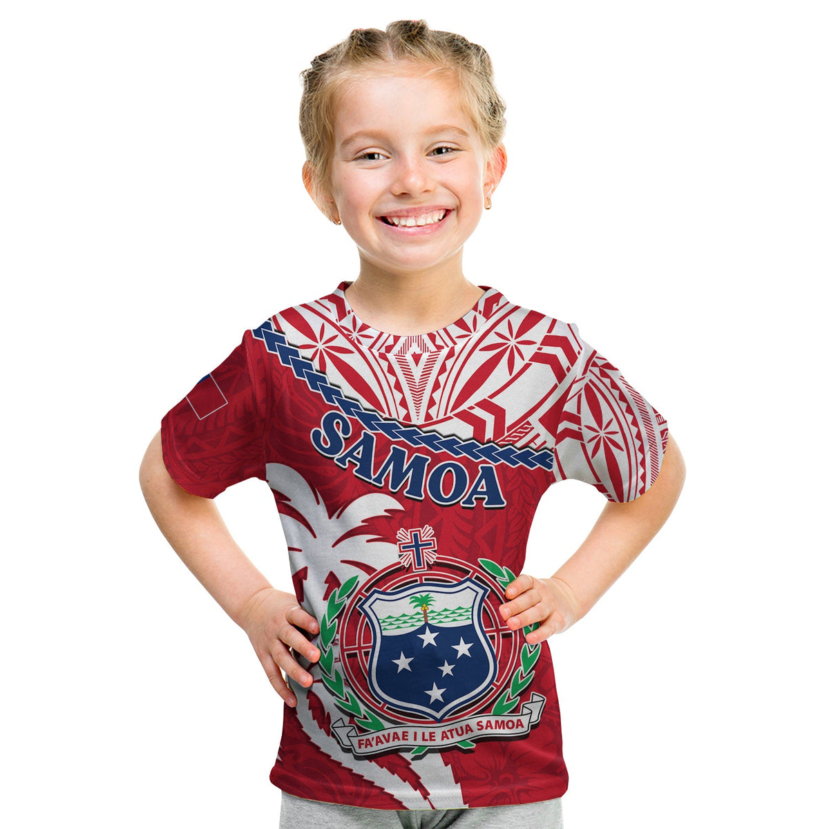 Samoa T Shirt Samoan Coat of Arms With Coconut Red Style LT14 Kid Red - Polynesian Pride
