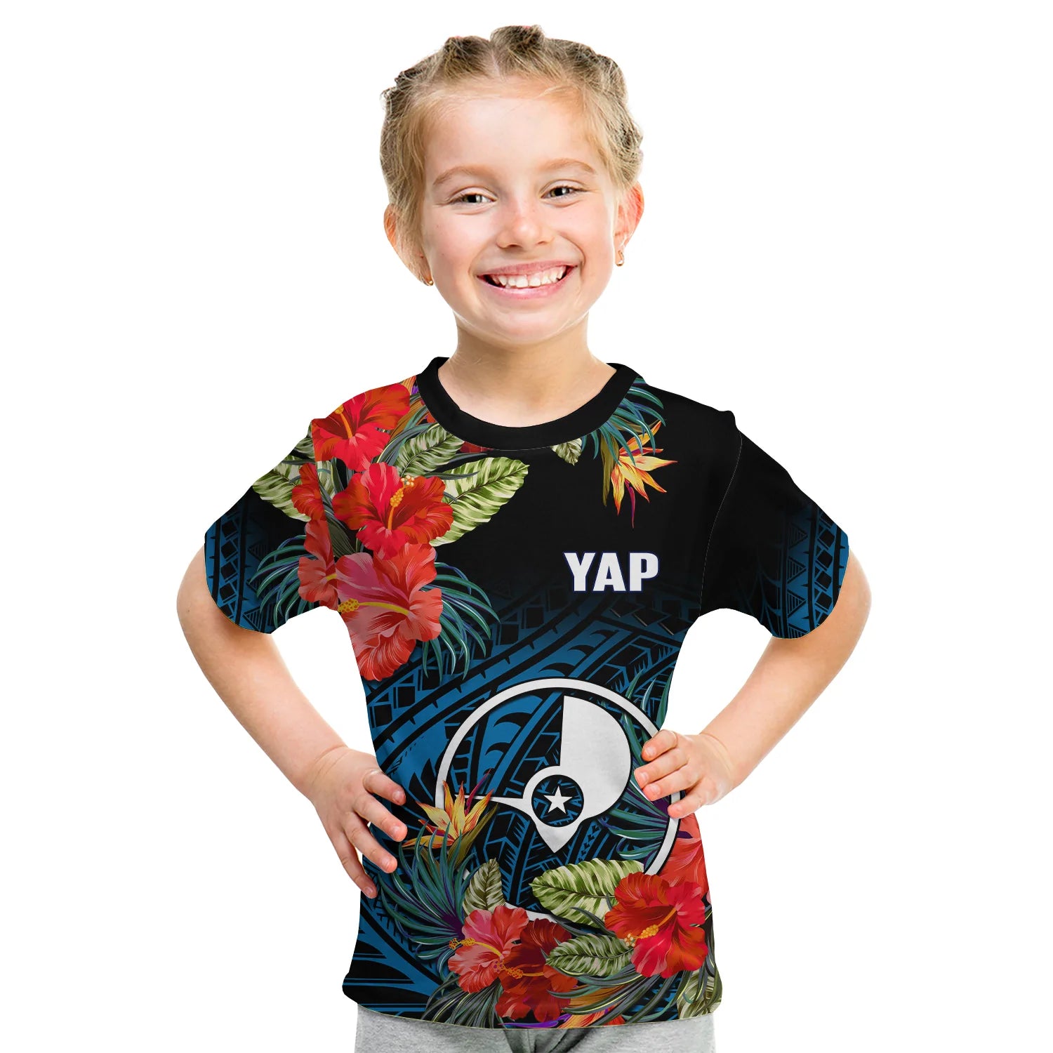 Yap State T Shirt KID FSM Hibiscus Flowers Mix Polynesian LT14 Blue - Polynesian Pride