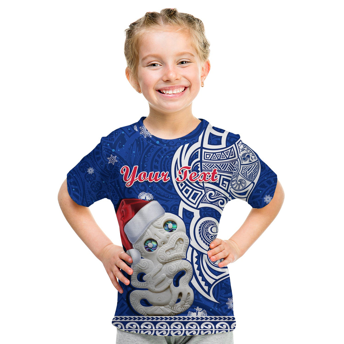 (Custom Personalised) New Zealand Christmas T Shirt KID Hei Tiki Blue Pohutukawa Meri Kirihimete LT14 - Polynesian Pride