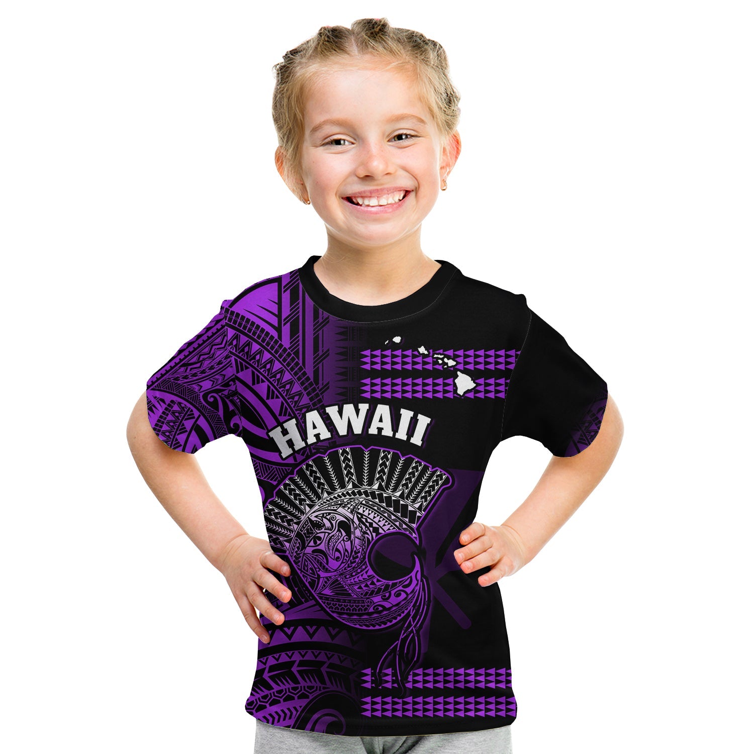 Hawaii T Shirt KID Kakau Warrior Helmet Gradient Purple Polynesian LT14 - Polynesian Pride