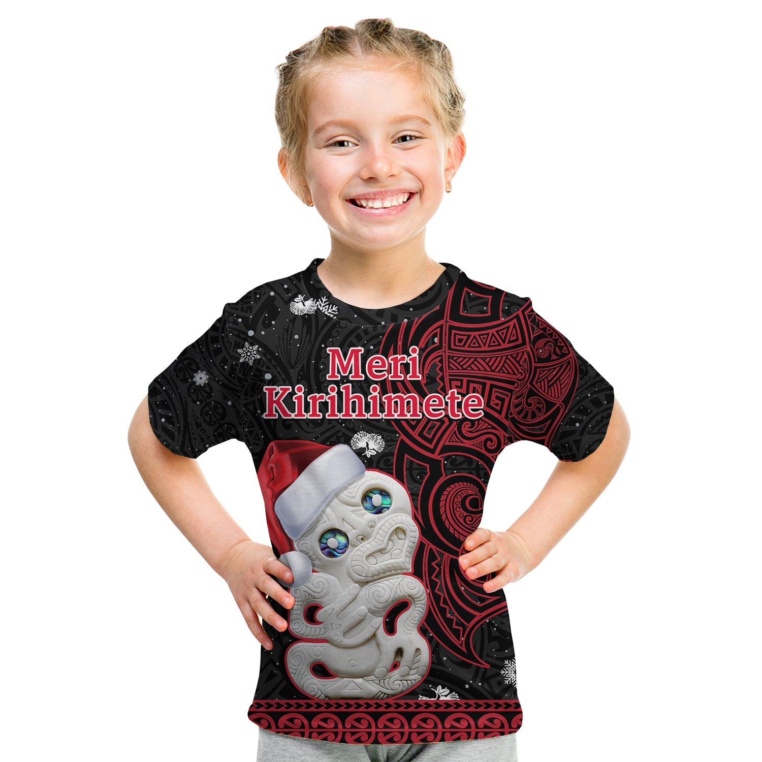 New Zealand Christmas T Shirt KID Hei Tiki Red Pohutukawa Meri Kirihimete LT14 - Polynesian Pride
