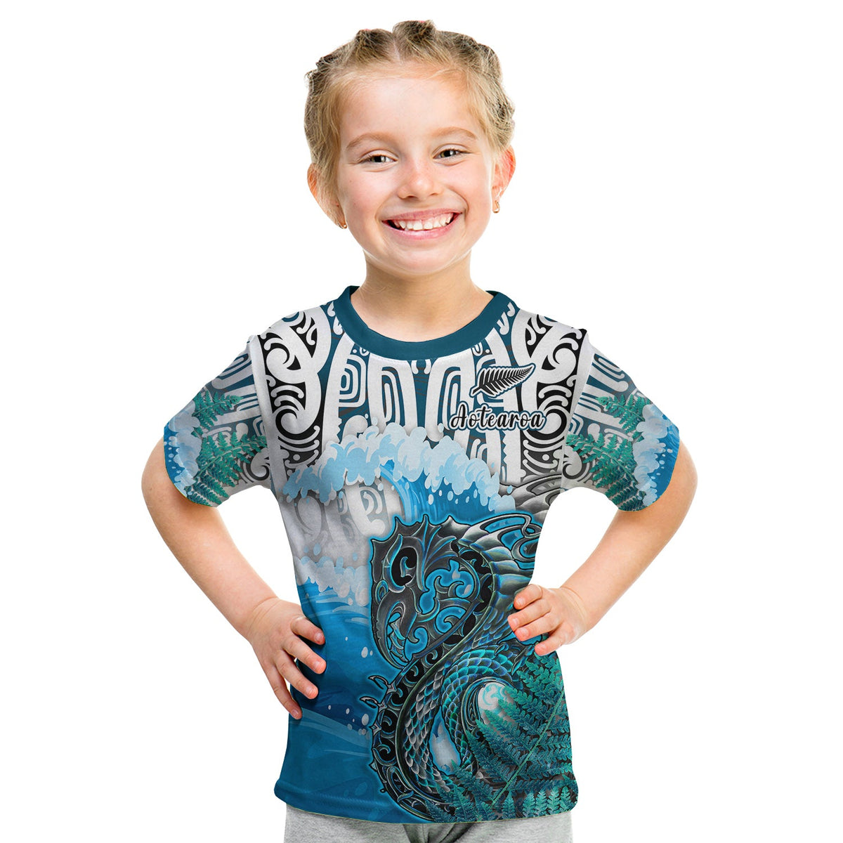 Custom Manaia Maori T Shirt Fern Aotearoa Blue Waves LT13 - Polynesian Pride