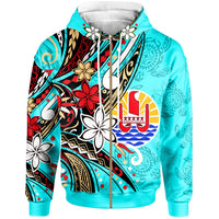 Tahiti Zip Hoodie Tribal Flower With Special Turtles Blue Color Unisex Blue - Polynesian Pride