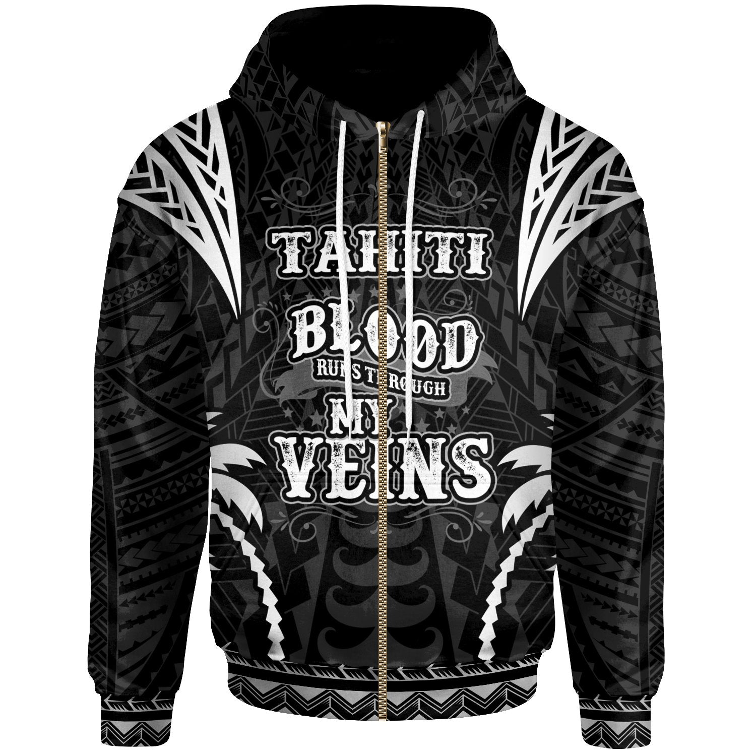 Tahiti Zip up Hoodie Blood Runs Through My Veins Style Black Unisex Black - Polynesian Pride