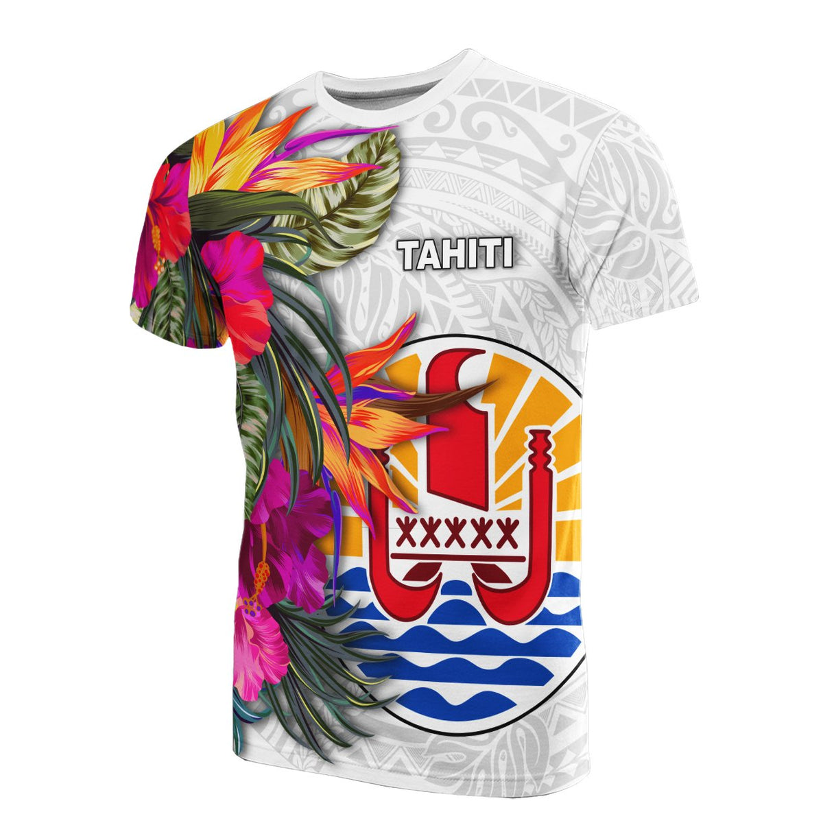 Tahiti T Shirt Hibiscus Polynesian White Pattern Unisex White - Polynesian Pride