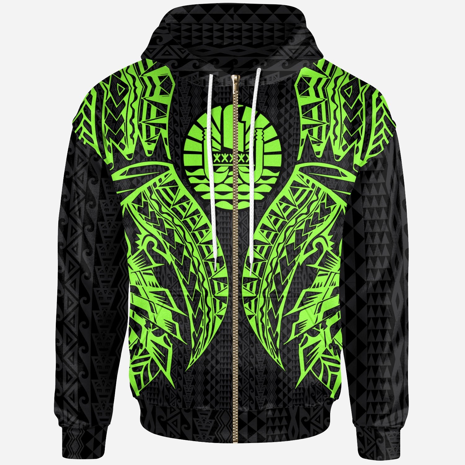 Tahiti Zip up Hoodie Polynesian Lion Head Green Style Unisex Green - Polynesian Pride