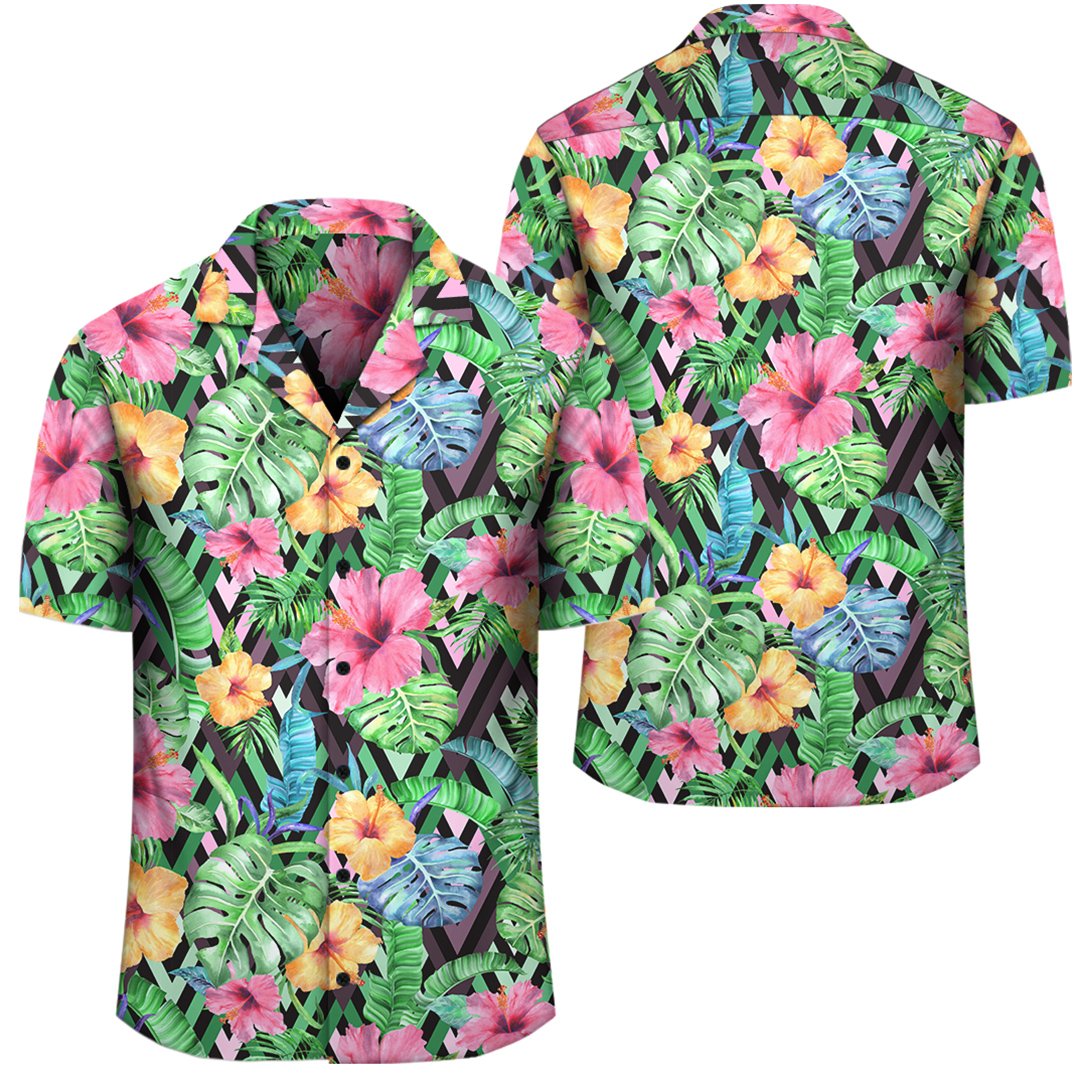 Tropical Hibiscus Banana Leafs Hawaiian Shirt Unisex Black - Polynesian Pride