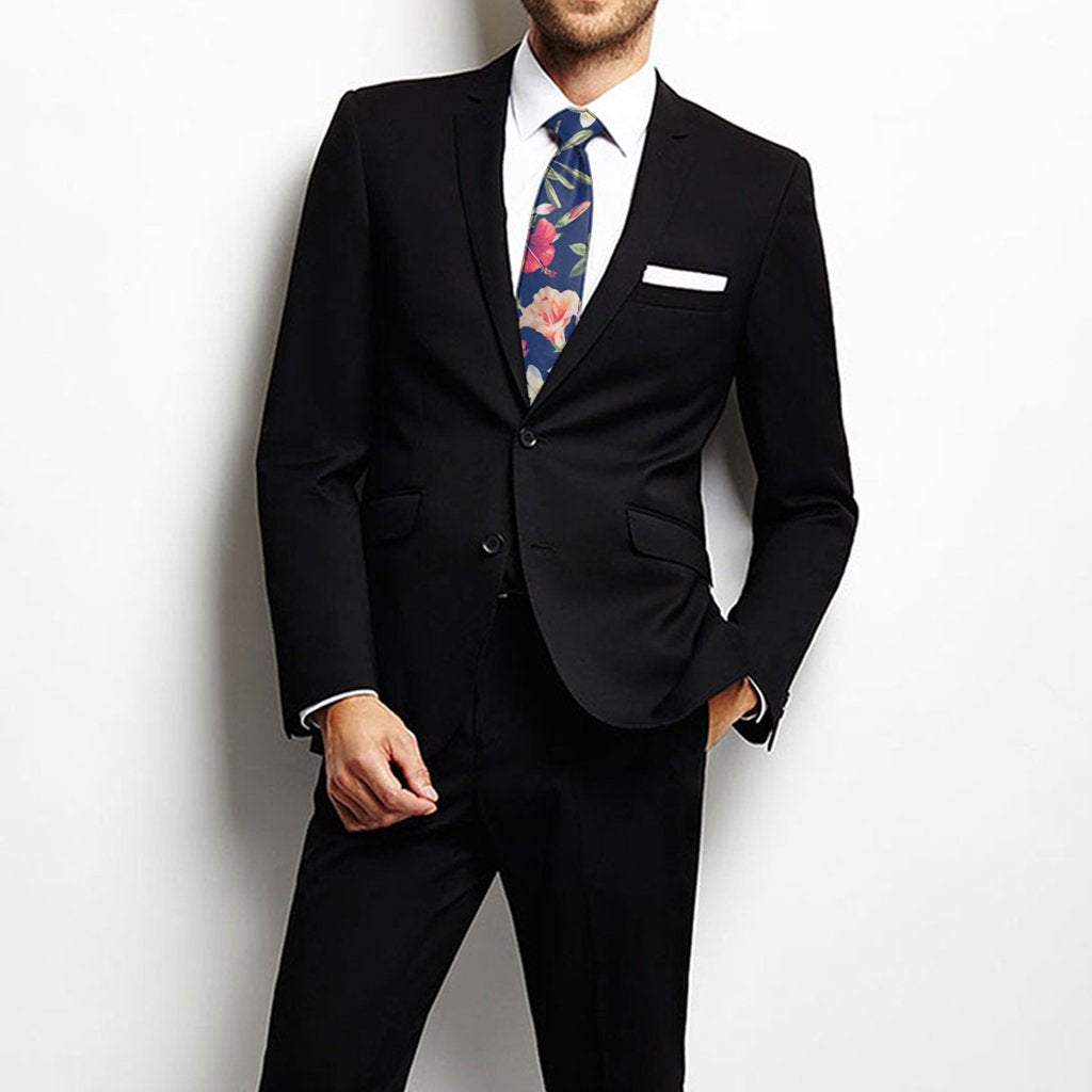 Tropical Hibiscus Red And Plumeria White Necktie One Size Black Necktie - Polynesian Pride