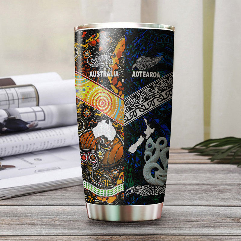 New Zealand Maori Aotearoa And Australia Aboriginal Tumbler Together - Blue LT8 Blue - Polynesian Pride