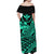 Hawaii Humpback Whale With Hibiscus Tribal Off Shoulder Dress Turquoise - LT12 - Polynesian Pride