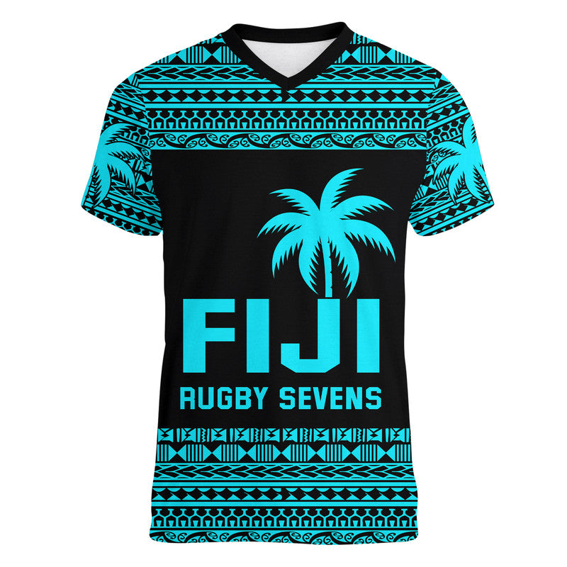 Fiji Rugby Sevens V-Neck T Shirt Simple Blue Style LT9 Female Blue - Polynesian Pride