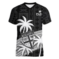 Fiji Rugby Sevens V-Neck T Shirt Tapa Palm Tree and Fijian Coat of Arms LT9 Female Blue - Polynesian Pride