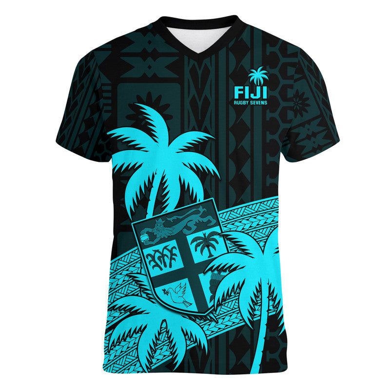 Fiji Rugby Sevens V-Neck T Shirt Tapa Palm Tree and Fijian Coat of Arms LT9 Female Blue - Polynesian Pride