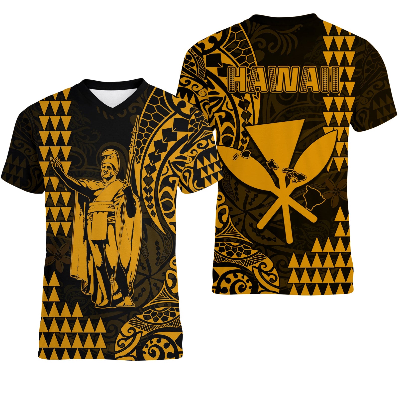 Hawaii Day Kakau V-Neck T Shirt Proud To Be Hawaiian Gold King Kamehameha and Kanaka Maoli LT13 Female Gold - Polynesian Pride