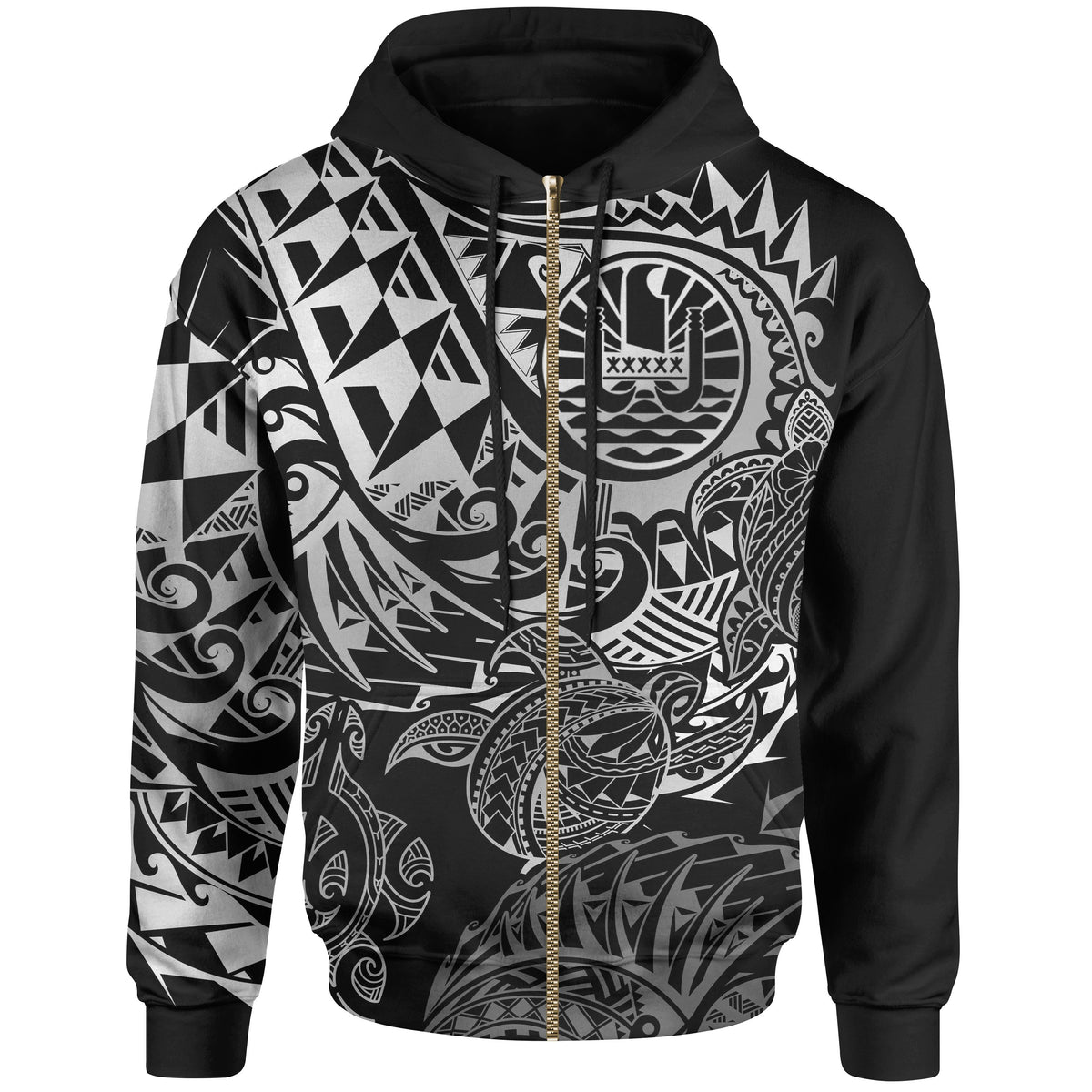 Tahiti Polynesian Zip up Hoodie White Turtle Hibiscus Flowing Unisex WHITE - Polynesian Pride
