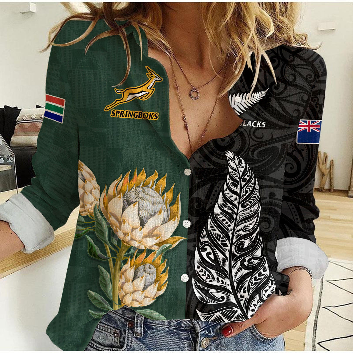 South Africa Protea and New Zealand Fern Women Casual Shirt - Rugby Go Springboks vs All Black LT13 Female Art - Polynesian Pride