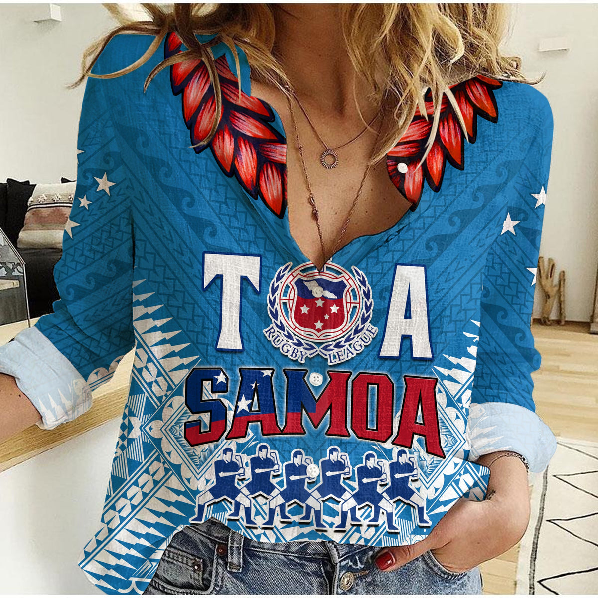 (Custom Personalise Text and Number) Toa Samoa Rugby Women Casual Shirt Manu Siva Tau Style Ulafala LT13 Female Blue - Polynesian Pride