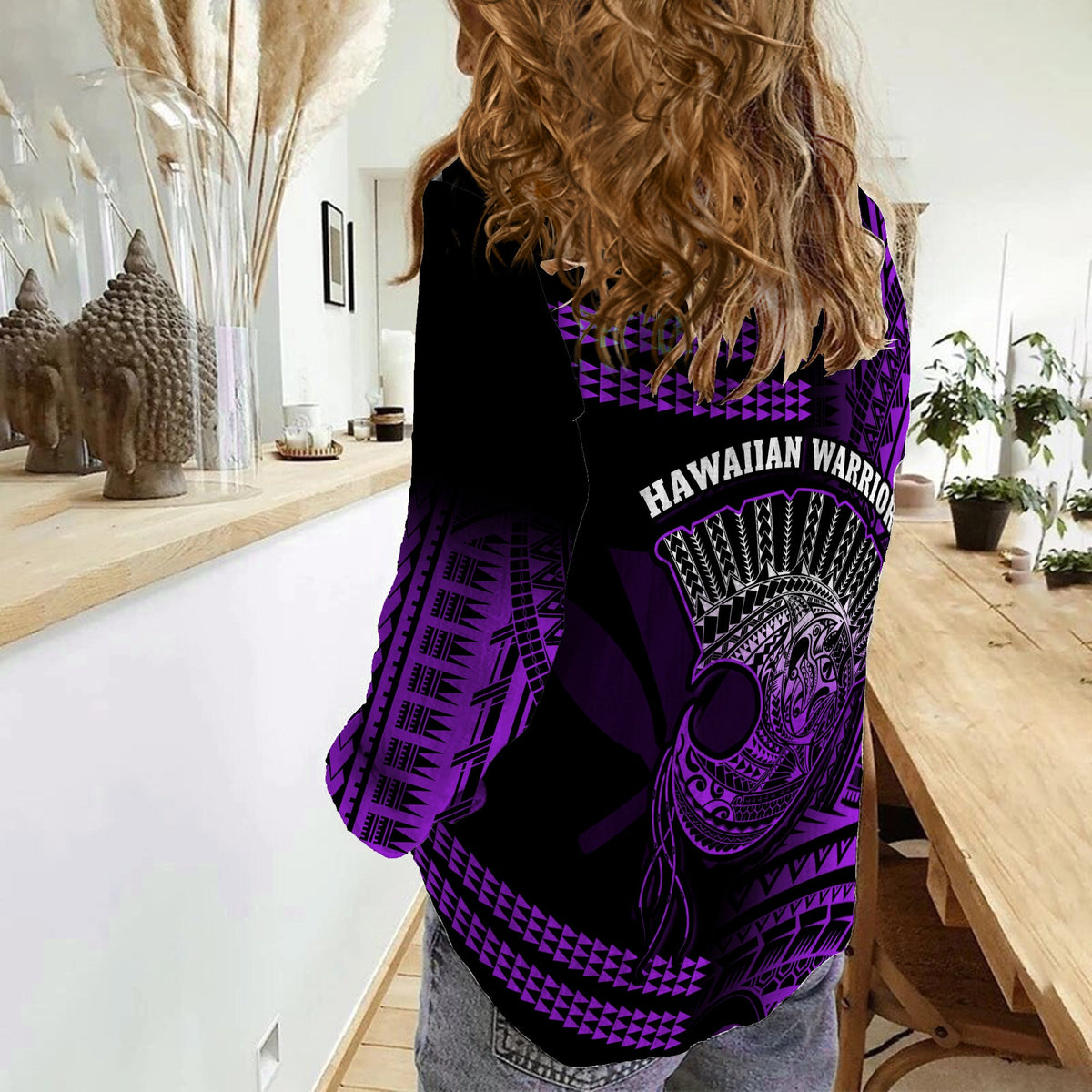 Hawaii Women Casual Shirt Kakau Warrior Helmet Gradient Purple Polynesian LT14 - Polynesian Pride