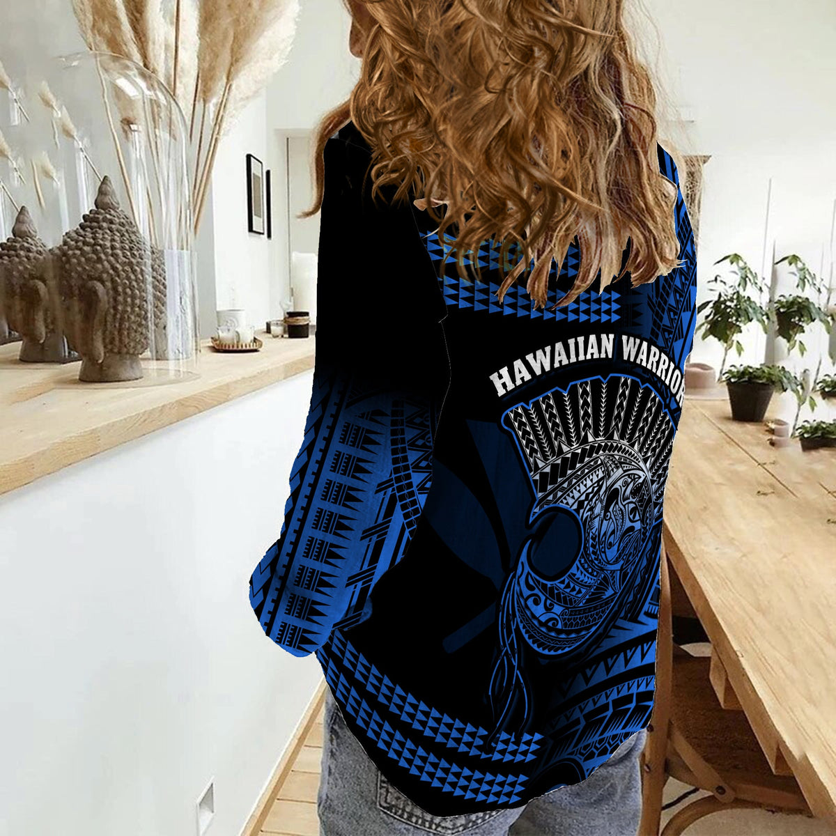 Hawaii Women Casual Shirt Kakau Warrior Helmet Gradient Blue Polynesian LT14 - Polynesian Pride
