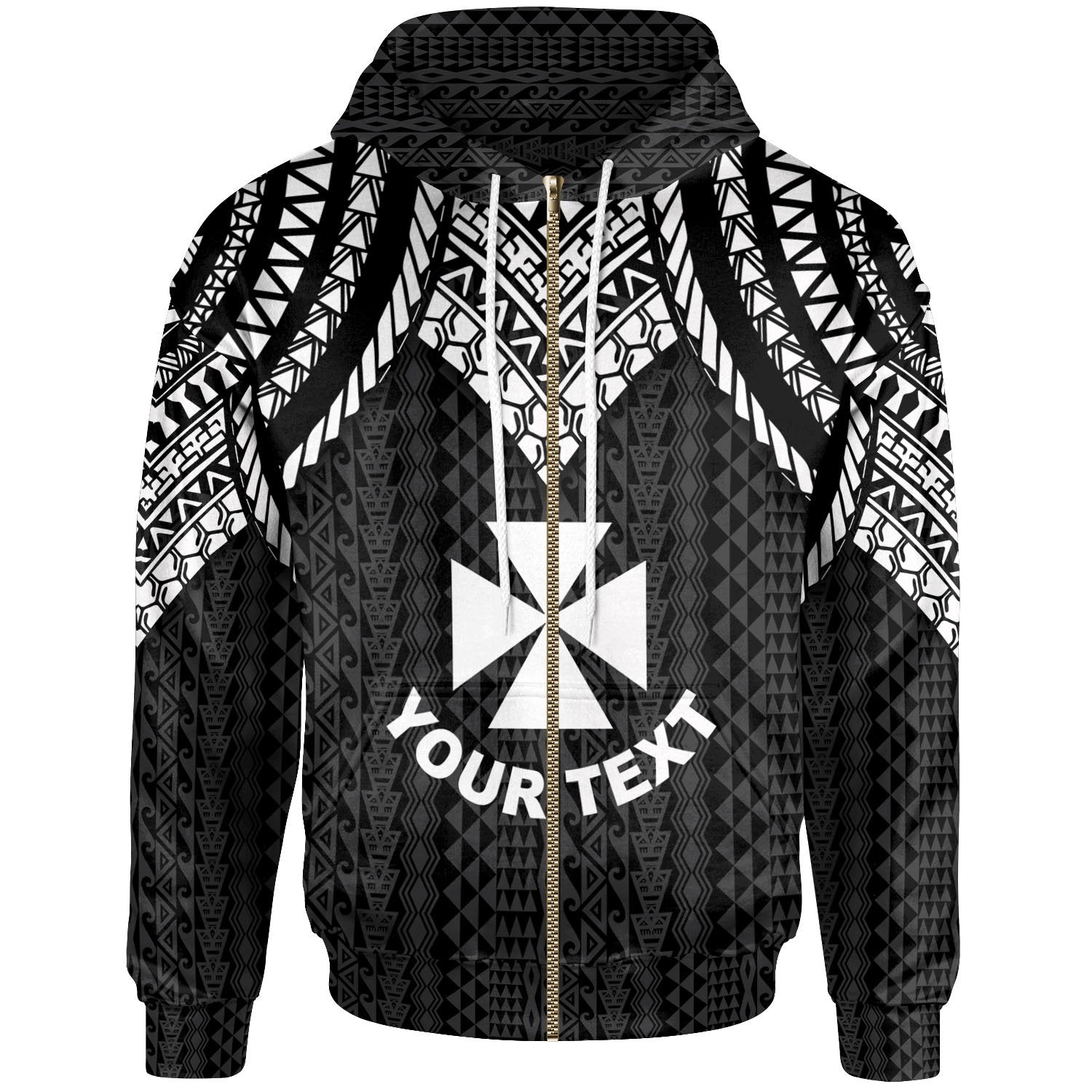 Wallis and Futuna Custom Zip up Hoodie Polynesian Armor Style Black Unisex Black - Polynesian Pride
