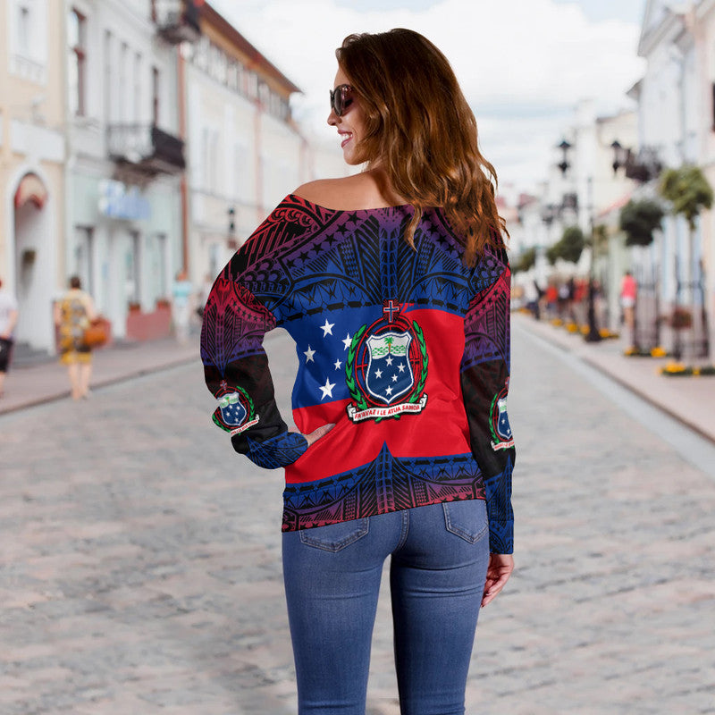 Samoa Combo Women Off Shoulder Sweater Mix Flag LT6 - Polynesian Pride