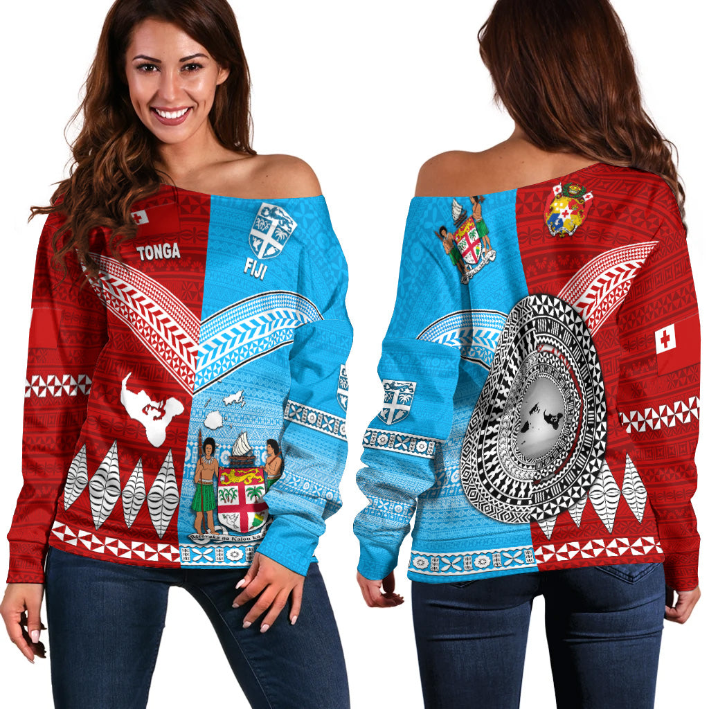 Tonga And Fiji Women Off Shoulder Sweater Together LT8 Women Blue - Polynesian Pride