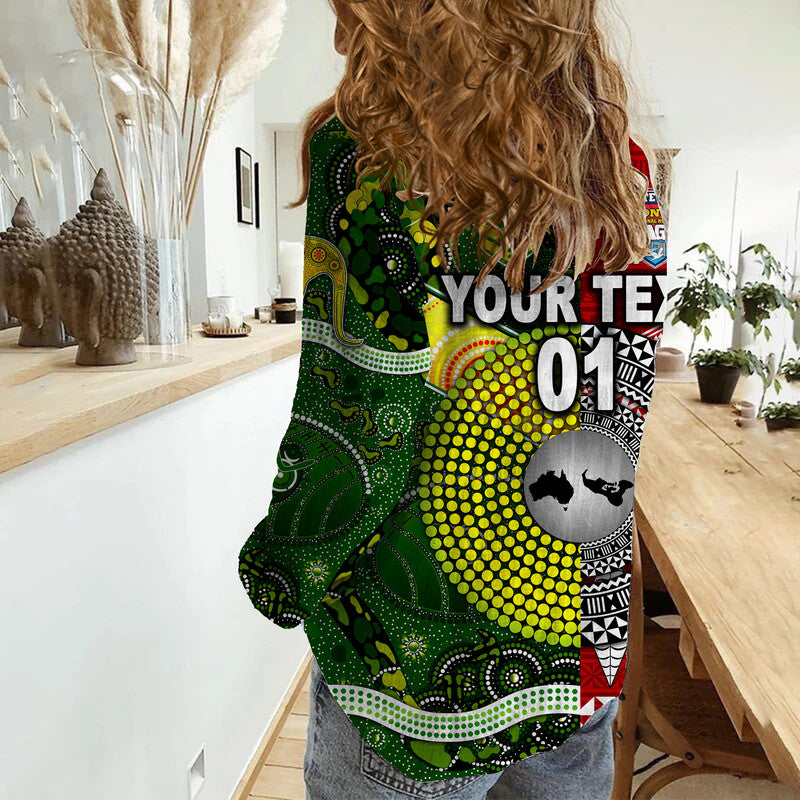(Custom Personalised) Mate Ma'a Tonga Ngatu And Australia Kangaroos Aboriginal Woman Casual Shirt Rugby Together LT8 - Polynesian Pride