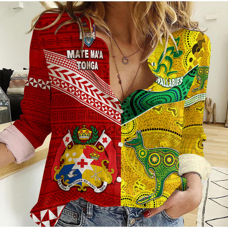 Mate Ma'a Tonga Ngatu And Australia Wallabies Aboriginal Woman Casual Shirt Rugby Together LT8 Female - Polynesian Pride
