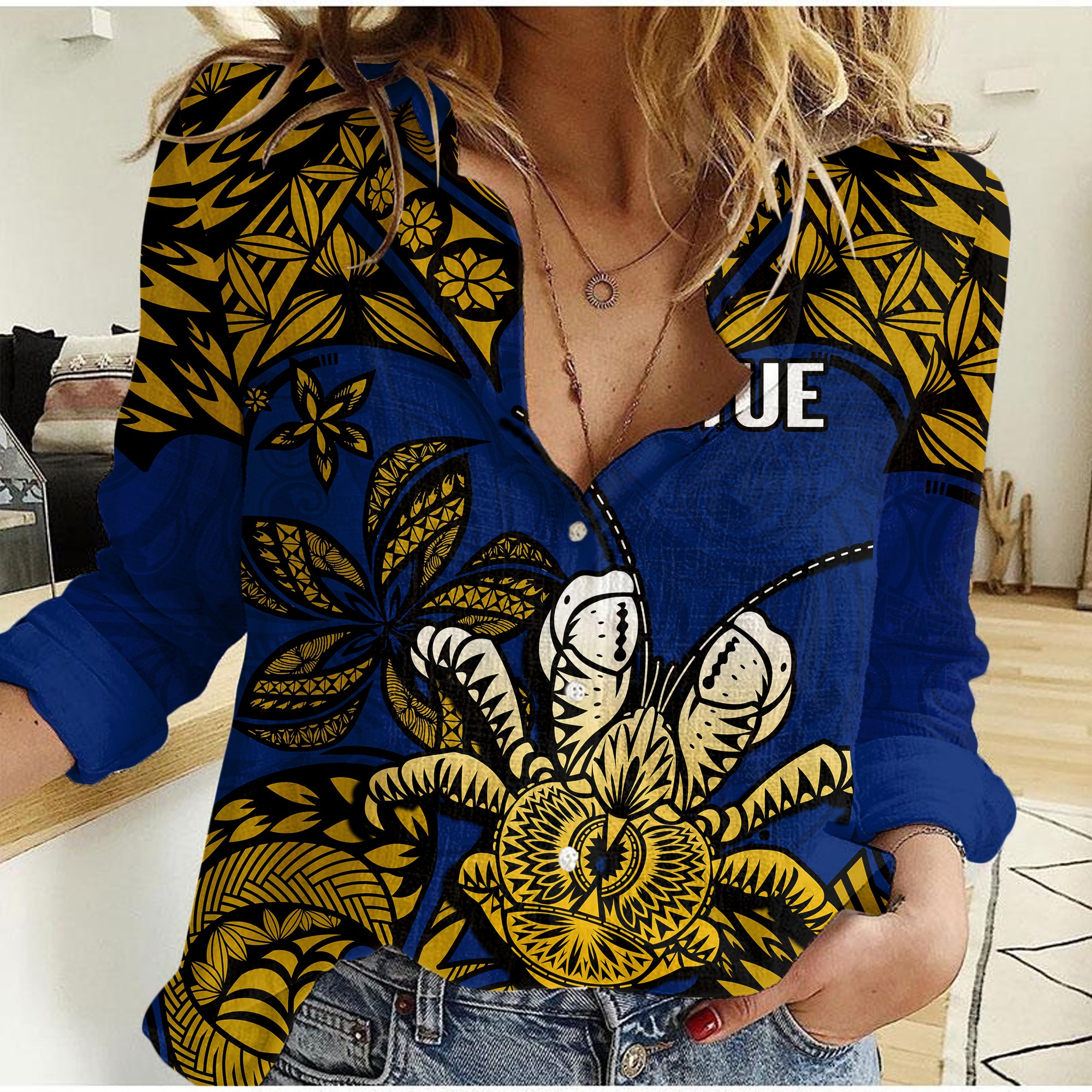 Niue Uga Casual Shirt Tribal Patterns Blue Style LT6 Female Blue - Polynesian Pride