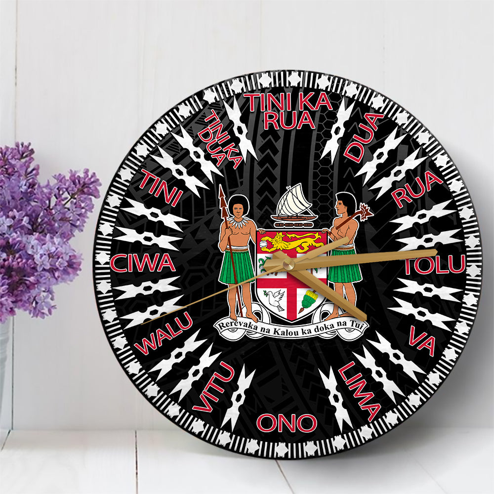 Fiji Language Wall Clock Polynesian With Coat Of Arms Black LT6 30 cm Black - Polynesian Pride