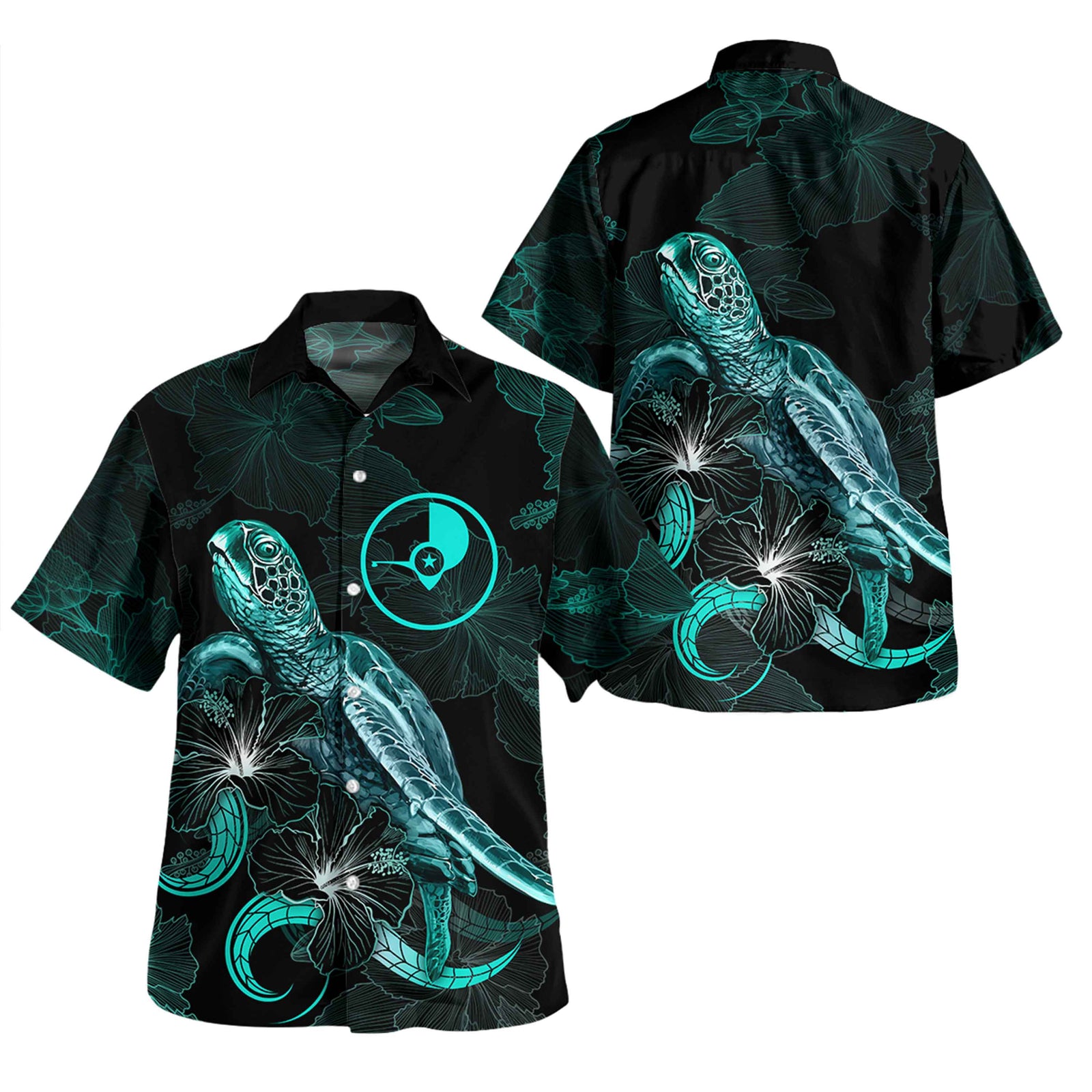 Yap Short Sleeve Shirt - Custom Yap Coat Of Arms With Polynesian Turtle Blooming Hibiscus Turquoise Unisex Turquoise - Polynesian Pride