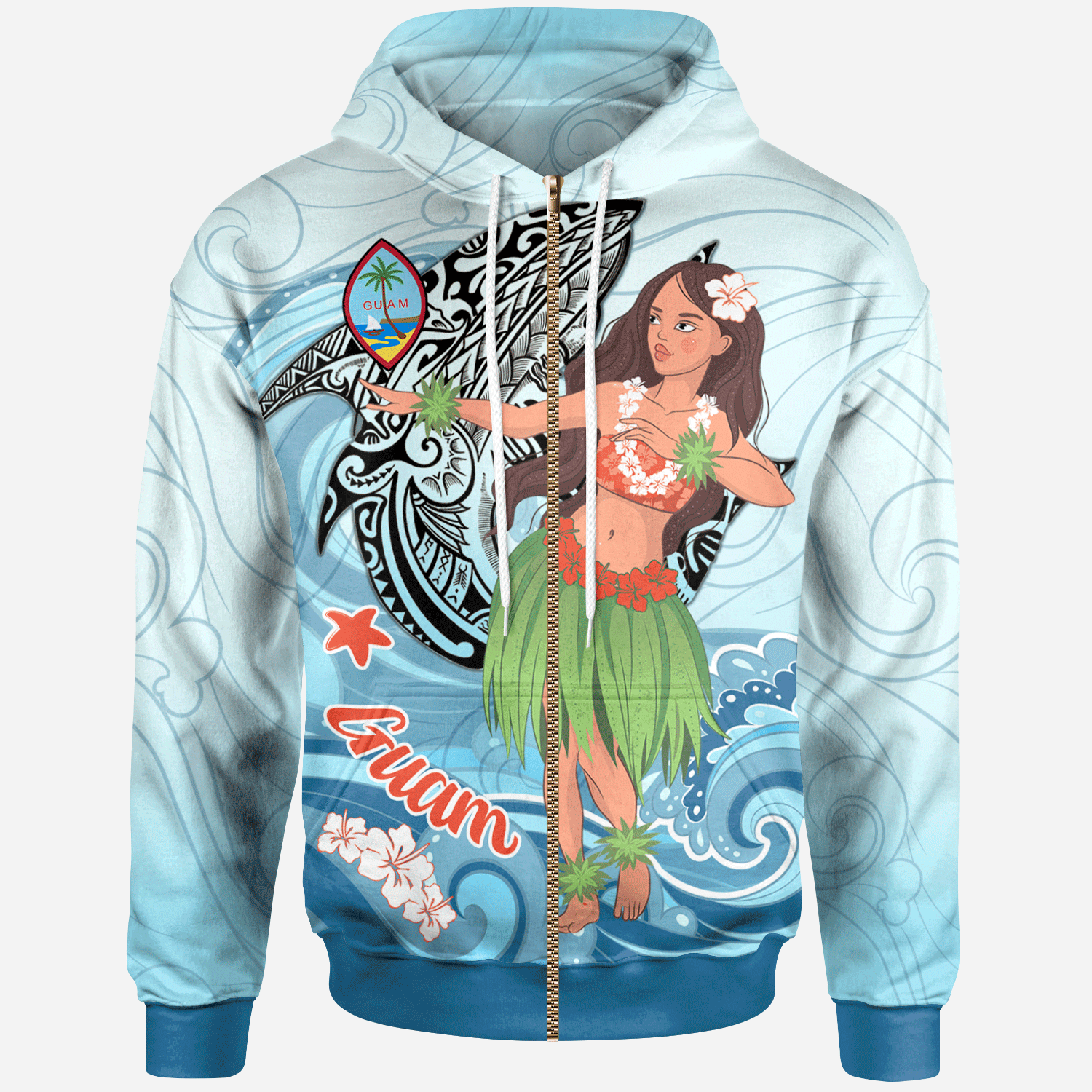 Guam Zip Hoodie Polynesian Girls With Shark Unisex Blue - Polynesian Pride