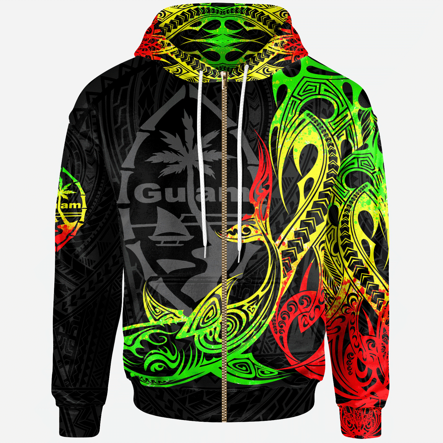 Guam Zip up Hoodie Guam Seal With Shark Reggae Color Unisex Black - Polynesian Pride