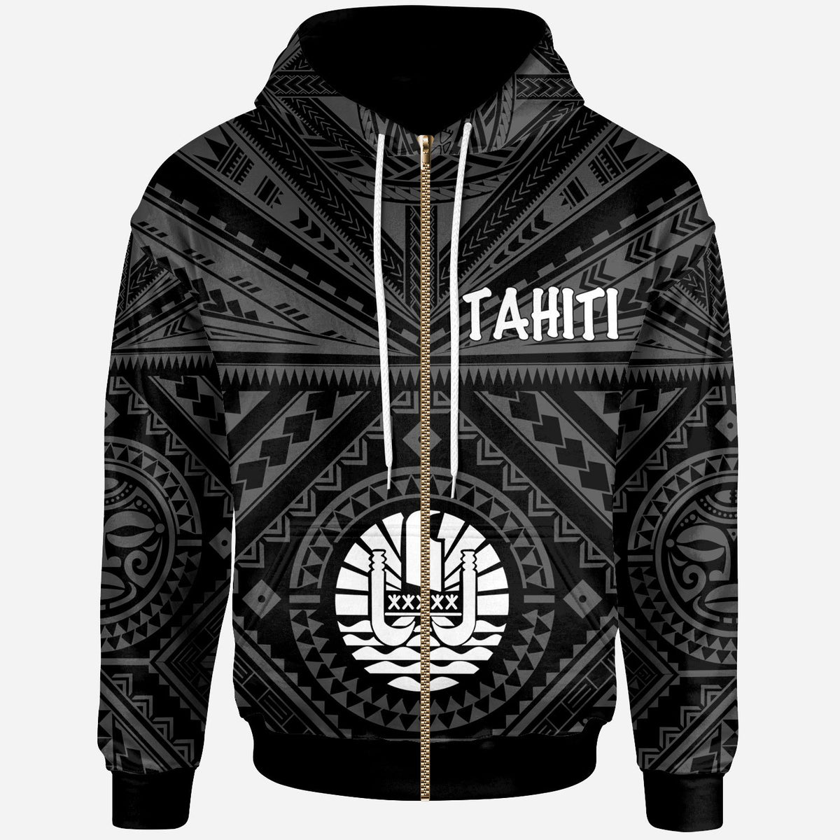 Tahiti Zip up Hoodie Tahiti Seal In Polynesian Tattoo Style (Black) Unisex Black - Polynesian Pride
